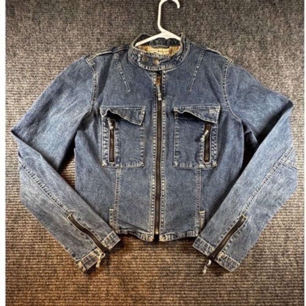 Tommy Hilfiger‎ Vintage Y2K Denim Jacket Medium Stretch Zip Crop Button Collar